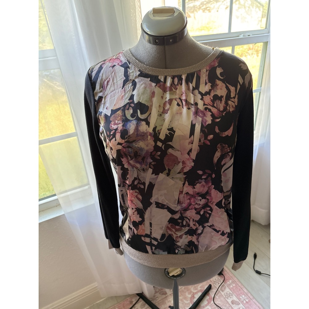 Lush Mixed Media Top Womens L Black Floral Excellent Metallic Trim Long Sleeve